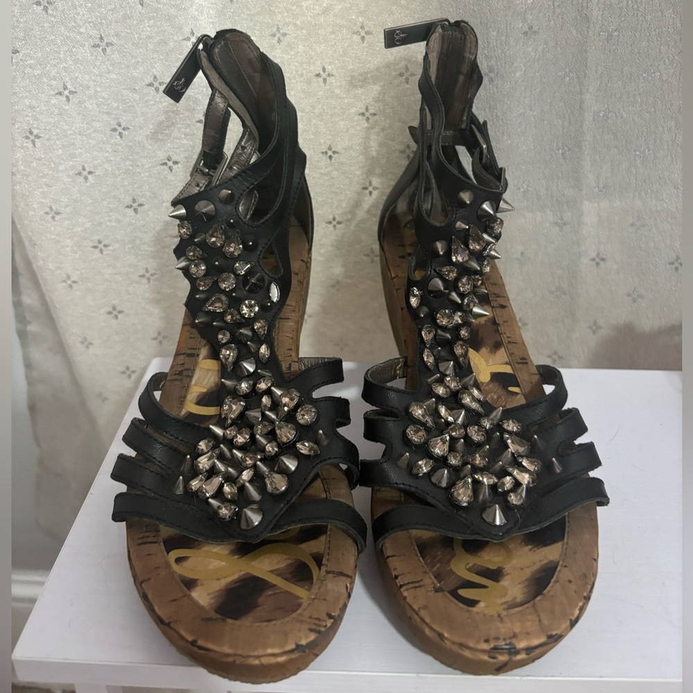 Sam Edelman Black Wedges with Silver & Gem Spiked Accents